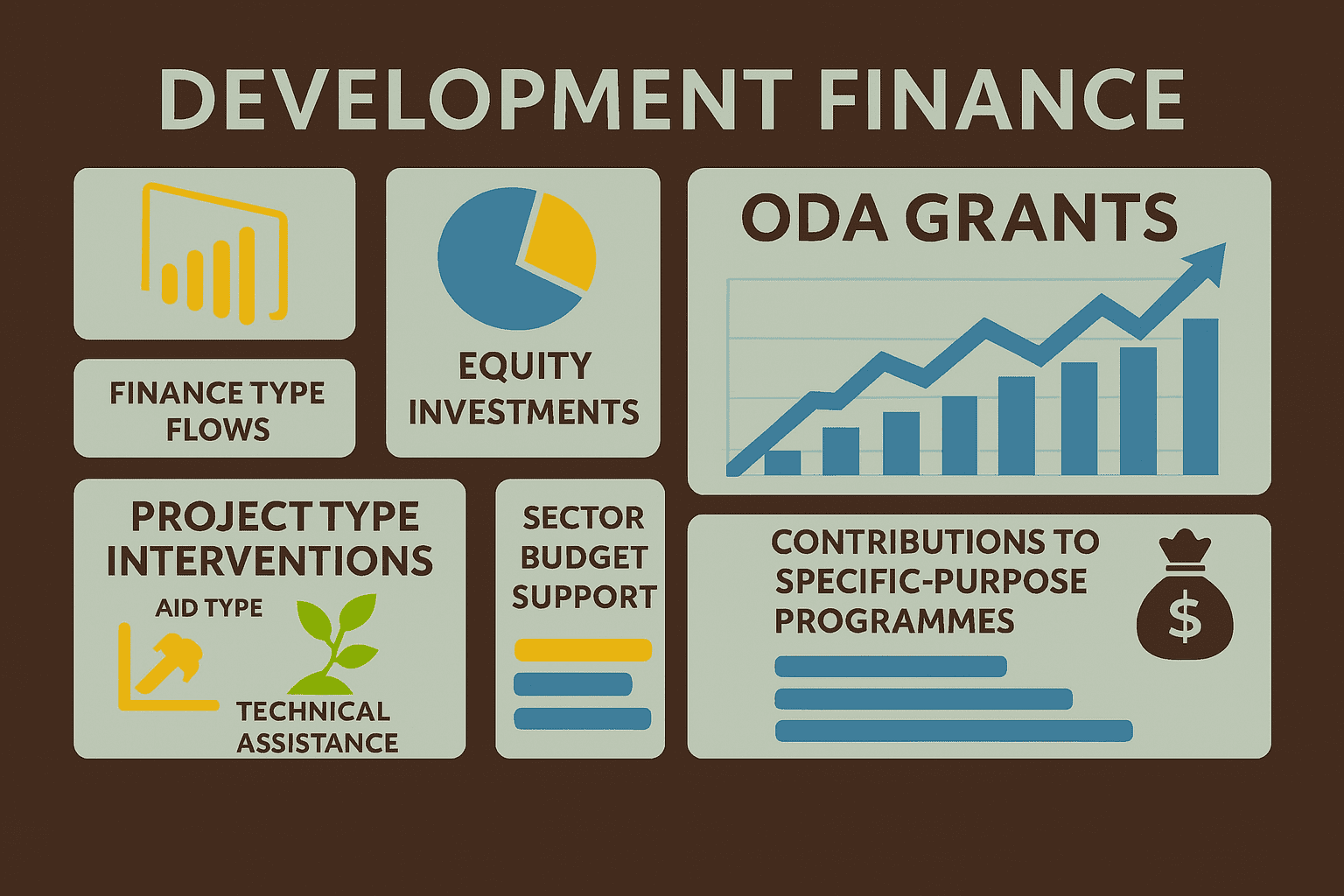 Infographic showing development finance elements including ODA grants, equity investments, finance flows, project type interventions, and sector budget support.