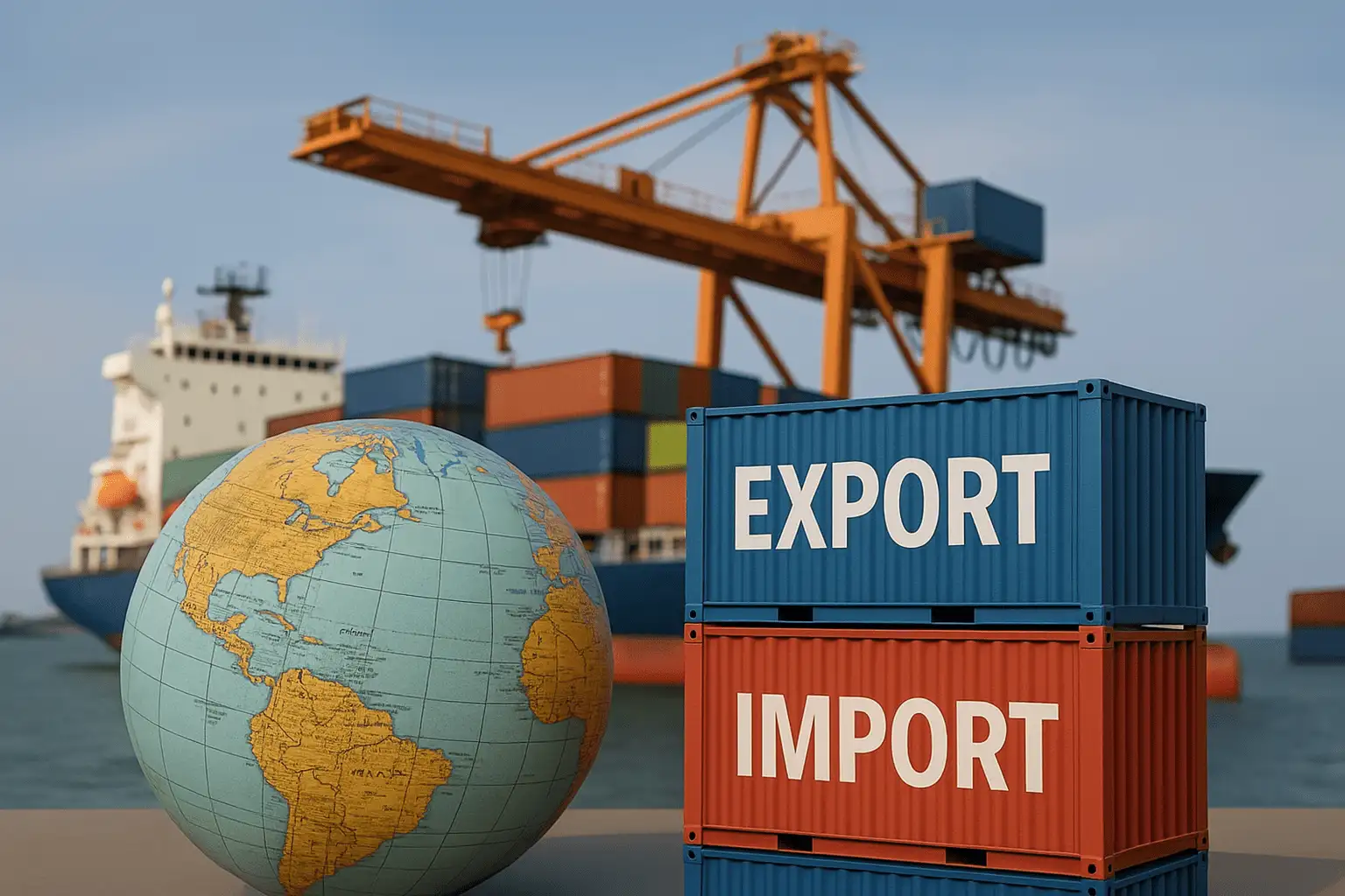 Shipping containers labeled import and export beside a globe and cargo crane at a port.