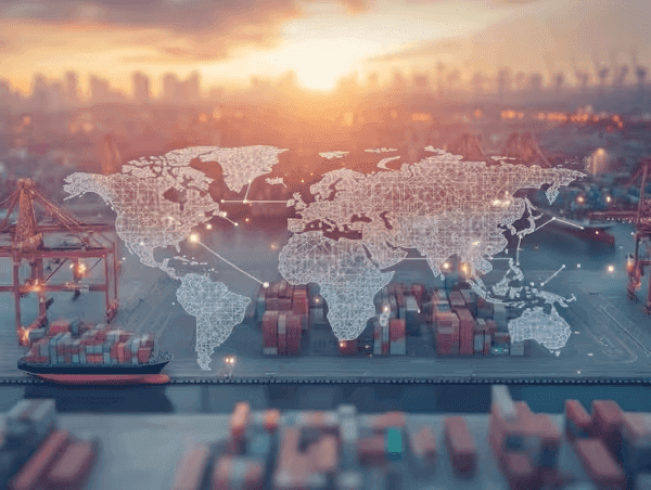 Global logistics network with shipping lanes and connected trade nodes