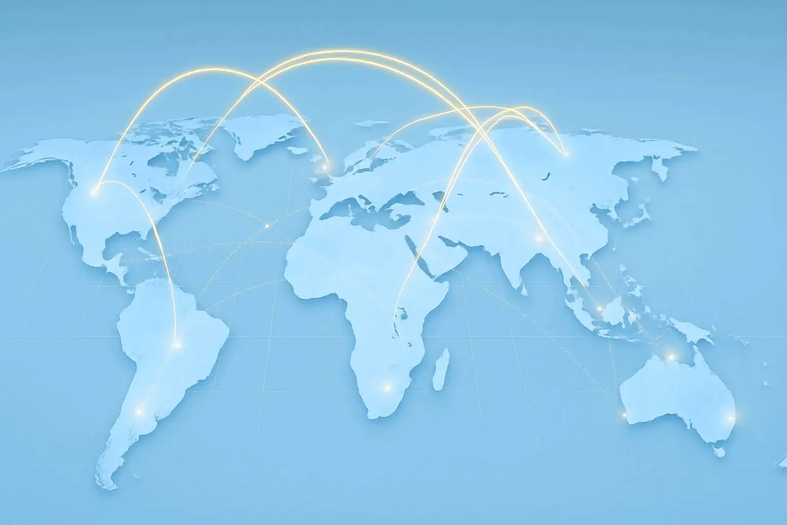 Light blue world map illustrating global logistics routes and international trade connections with glowing data lines, representing TW Policy Group’s global focus on trade and development.